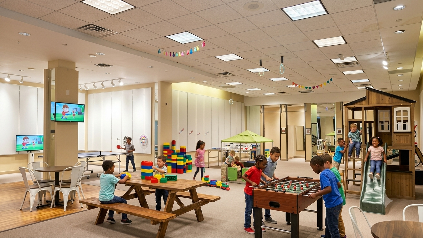Kids enjoying the indoor play space with foosball, blocks, and a wooden playhouse