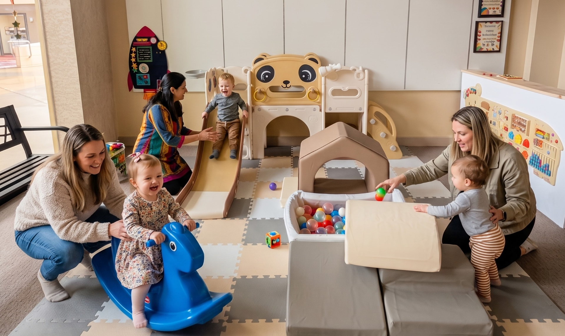 Private toddler area with soft foam blocks and a small ball pit
