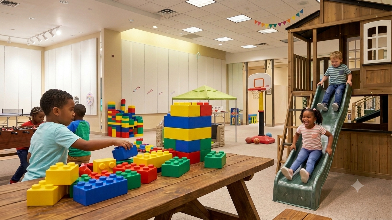 Children playing on colorful slides and play structures at the KIDSTREET indoor playground