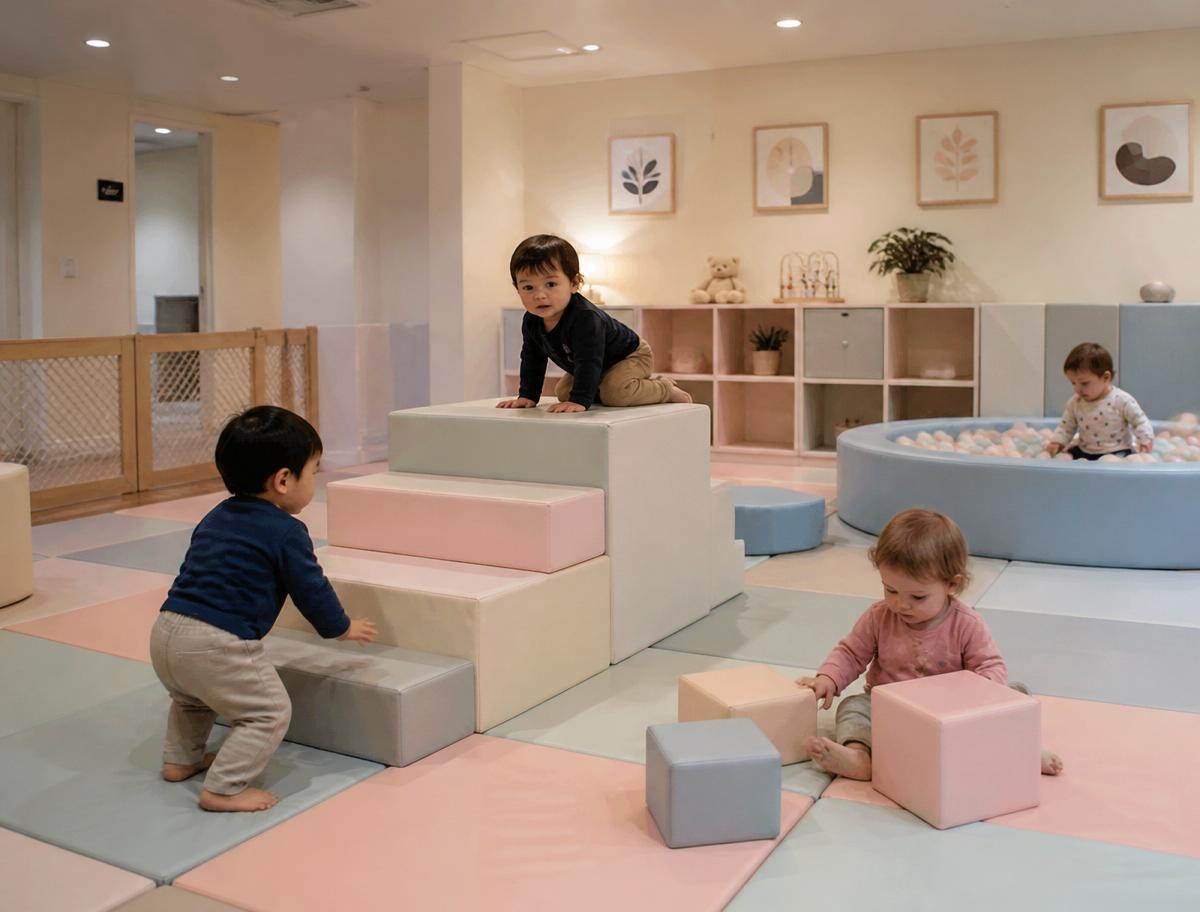 Private toddler area with soft foam blocks and a small ball pit